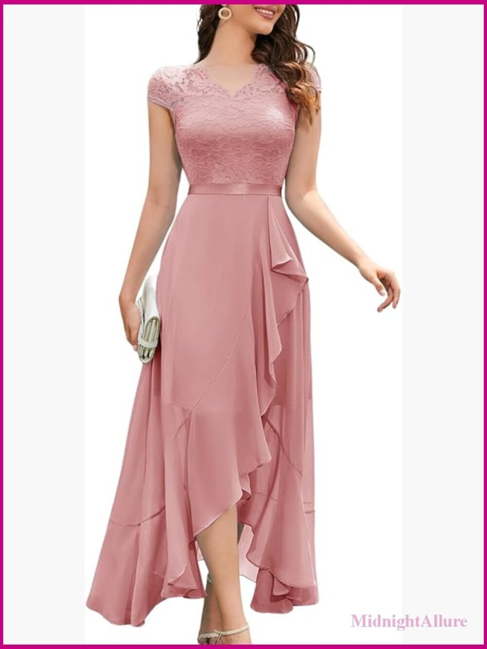 V-Neck Cap Sleeve Hi-Lo Lace Cocktail Dress for Wedding Guest